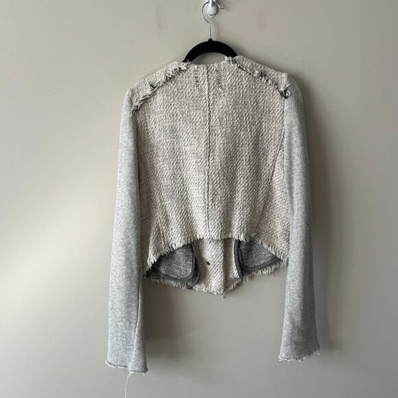 We The Free Tattered Tweed Button Front Cropped Raw Hem Moto Jacket Gray Cream 8 - Picture 4 of 8